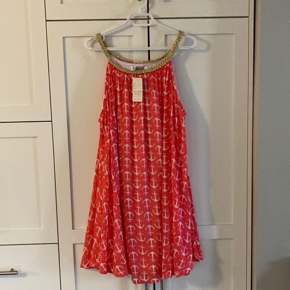 NWT Anchor Print Dress/Coverup with Gold Braided Neckline and Straps OS